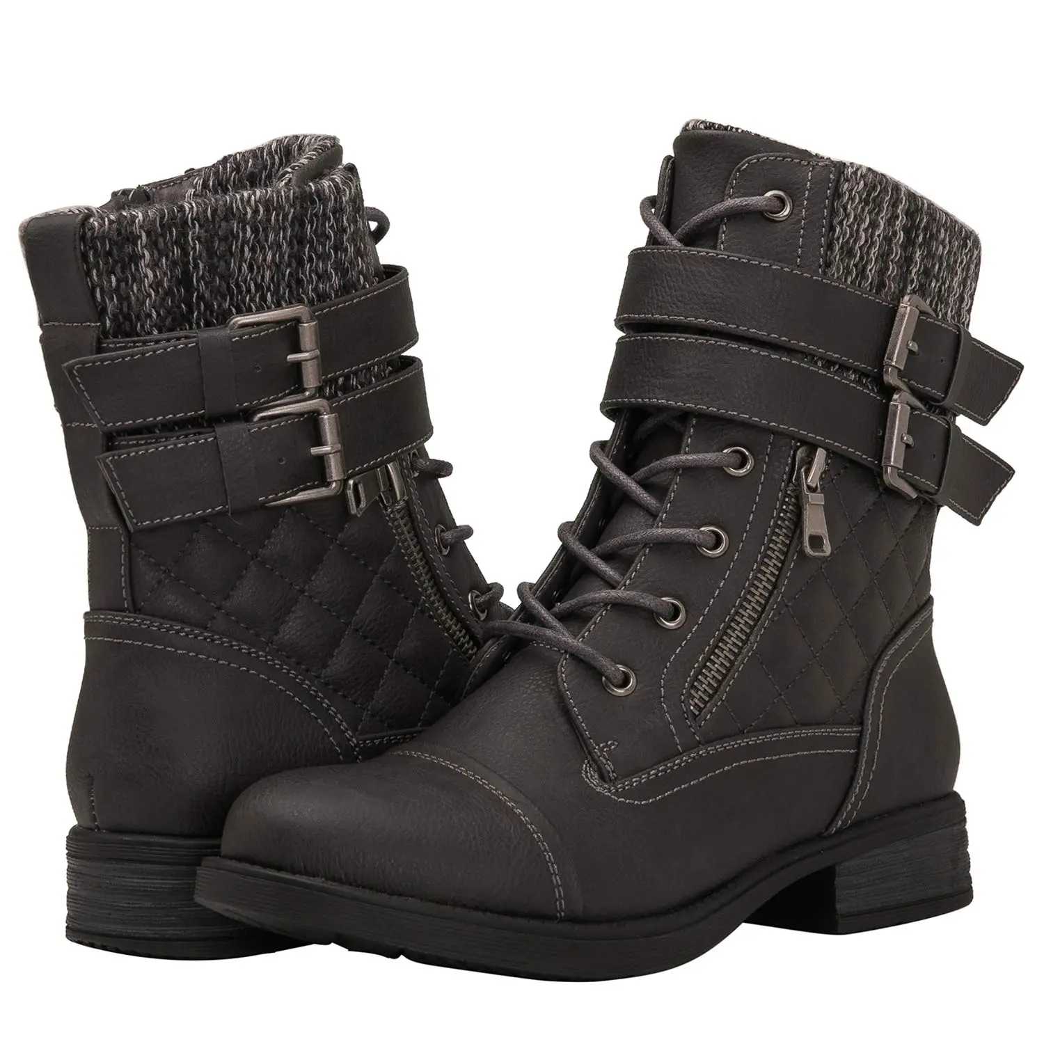 GLOBALWIN Women's Combat Boots Grey Lace Up Boots For Women Ankle Booties Low Heel Size 7M