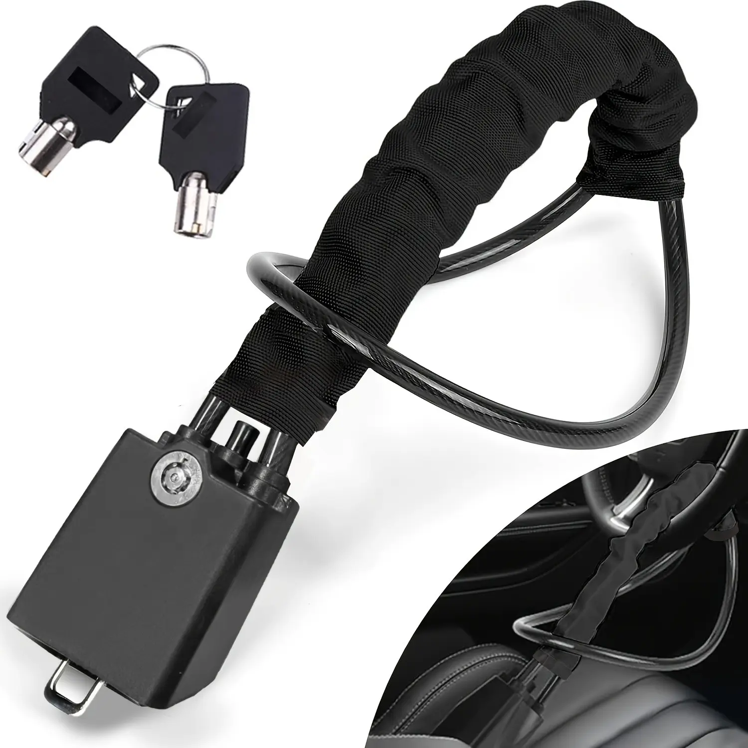 Car Steering Wheel Lock with Dual Keys, Car Seat Belt Lock, Dual Anti-Theft Device, Fits Most Cars Trucks Suvs Vans, Car Accessories