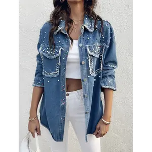 European and American style casual denim jacket with contrasting colors, shiny beads, long sleeves, and rhinestone embellishments