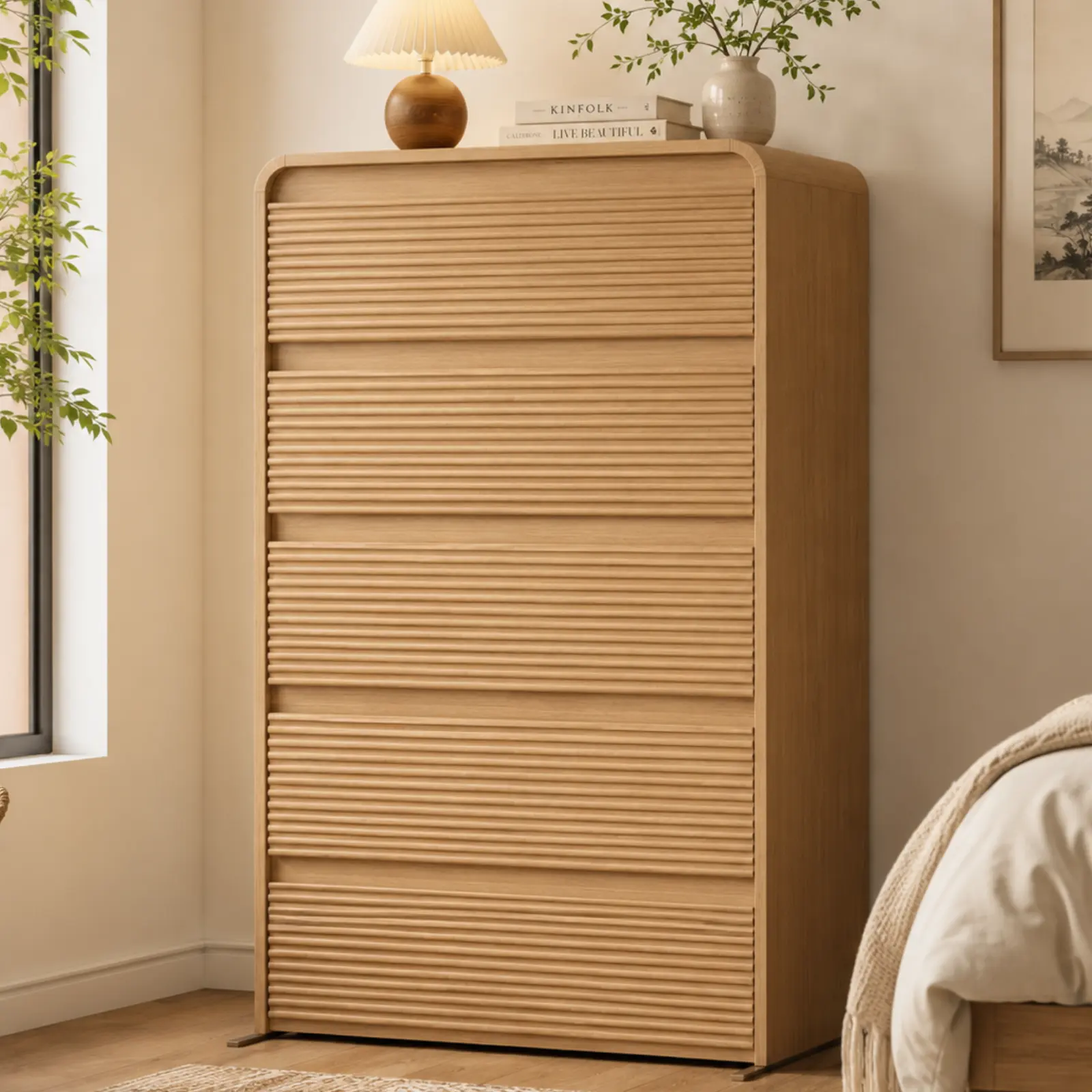 Loomie 47.2" 5-Drawer Dresser for Bedroom, Modern Chest of Drawers with Curved Top, Wood Mid Century Storage Dresser Organizer for Living Room, Bedroom, Entryway, Natural