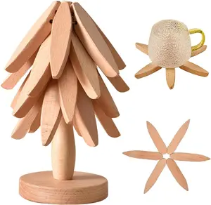 Wooden Trivets for Hot Dishes, Tree Shape Trivet Set, 4 Wooden Trivets + 1 Stand, for Hot Dishes, Pot, Bowl, Teapot, Hot Pot Holders