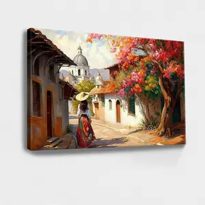 Wooden Framed Wall Art, Wrapped Canvas Vintage Prints Poster, Mexican Village Street Canvas Art Traditional Mexican Folk Art, Colorful Home Decor, Mexico Wall Art, Unique Mexican Painting - Framed, Horizontal Artwork Gifts Water Proof Artistic