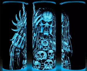 Glow in the Dark Predator 80s Comic Book Style Movie Alien Horror Cup Mug Tumbler 20oz Stainless Steel Tumbler with Slide Closure Lid, Reusable Plastic Straw, Handmade Design - Drinkware
