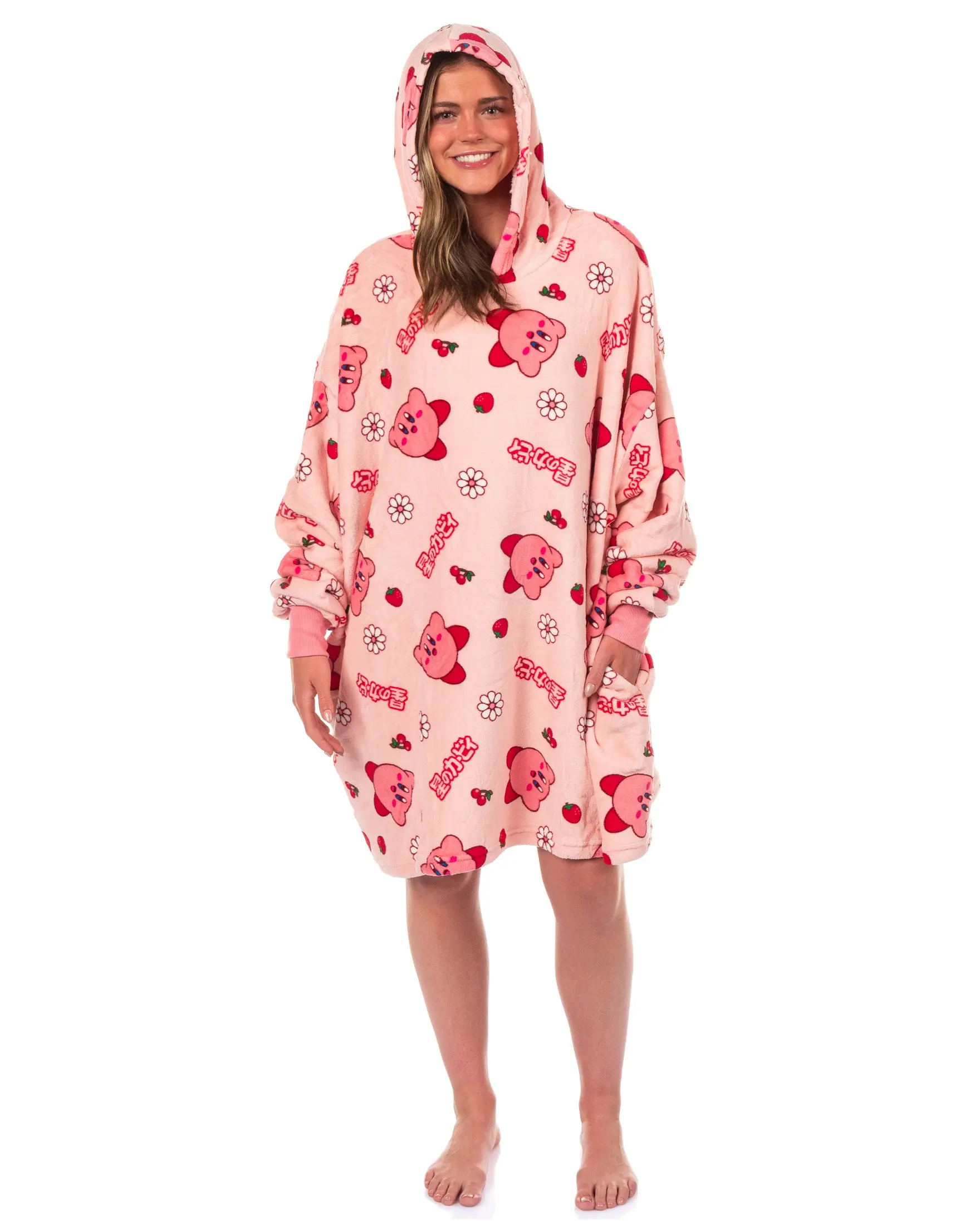 Kirby Flower and Cherry Motif Adult Oversized Baggy Loose Wearable Blanket Hoodie - Everyday Plush Fleece Fabric, Ribbed Long Sleeve Pullover Sweatshirt, OSFA