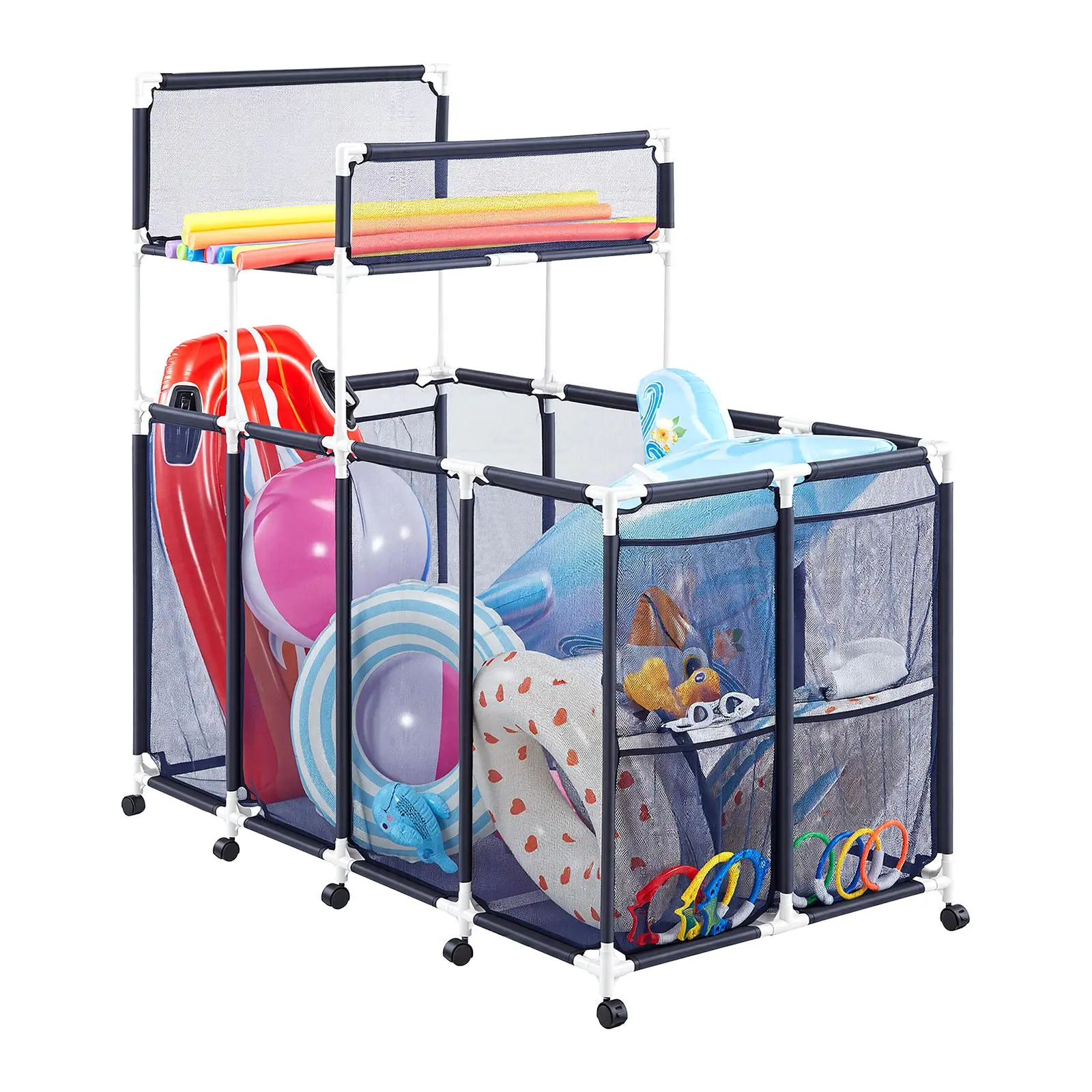 【Summerfinds】VEVOR Pool Storage Bin,64.96 x 33.46 x 64.96 inRolling Pool Float Storage Organizer with Side Pockets & Noodles Holder RackDurable Plastic FramePoolside Toys Mesh Basket for Swimming Pools