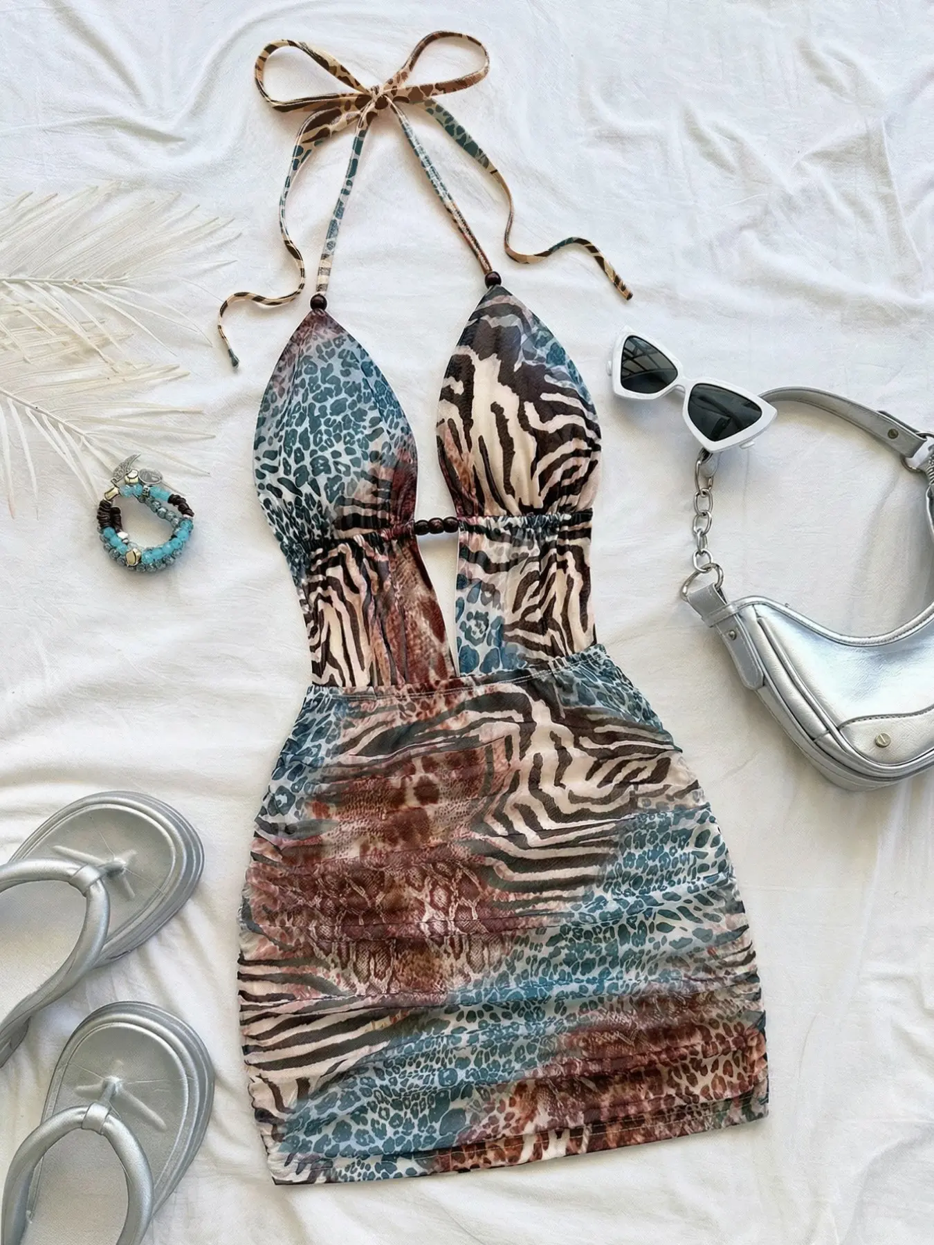 Women's Vintage Summer Tie-Dye Abstract Leopard & Zebra Print Deep V Backless Belted Ruched Tight Fit Mini Dress, Casual Wear, Sexy Style for Vacation & Date Night, Bohemian Summer Outfit
