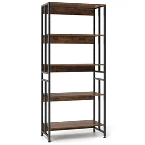 COSTWAY - 5-Tier Bookshelf with Adjustable and Tiltable Shelves-Rustic Brown