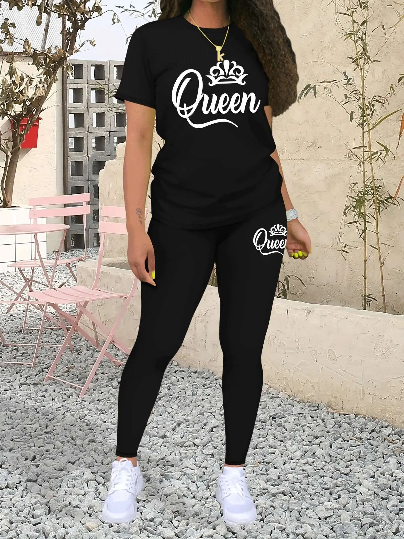 QUEEN Pattern Print Women's Fit Solid Color Top & Tee & Skinny Pants Two-piece Set, Casual Everyday Set, Womenswear Outfit, Fashion Casual Round Neck Short Sleeve T-shirt & Trousers for Spring & Fall, Ladies Clothes for Daily Wear