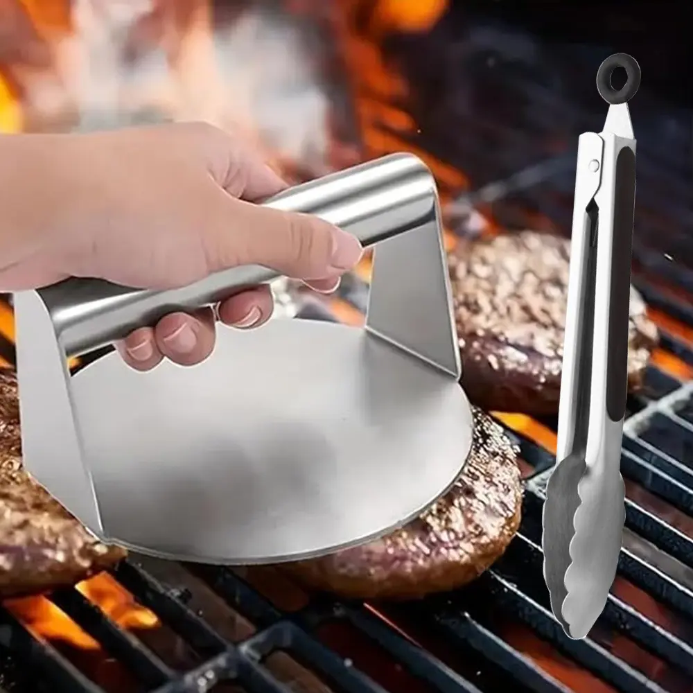2pcs Stainless Steel Burger Press and Food Tongue Set, Non-Stick Steak Burger Maker, Ergonomic Handle, Easy Clean Surface