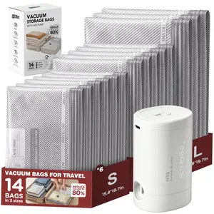 Cordless Travel Vacuum Seal Bags for Travel Clothing with Rechargeable Electric Pump, 14pcs Vacuum Bags for Travel，Space Saver Vacuum Storage Bags Set with Air Pump, Reusable Compression Bags for Luggage & Home, Travel Organiser Set for Carry-On Suitcases