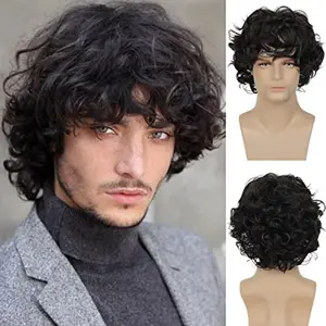 Men's Short Curly Wig, Toupee hair for Men, Short Hair Topper Men, Fluffy Denim Style Male Wig, Wig for Men Natural Looking, Fashion Male Hairpiece Daily Wear Cosplay Party Comfortable Breathable Men's Full Head Wig