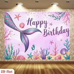 1pc Iridescent Mermaid Tail Happy Birthday Banner - 2D Flat Polyester Backdrop with Colorful Starfish, Seashells, Pink Underwater Background for Party Decor, Home Supplies