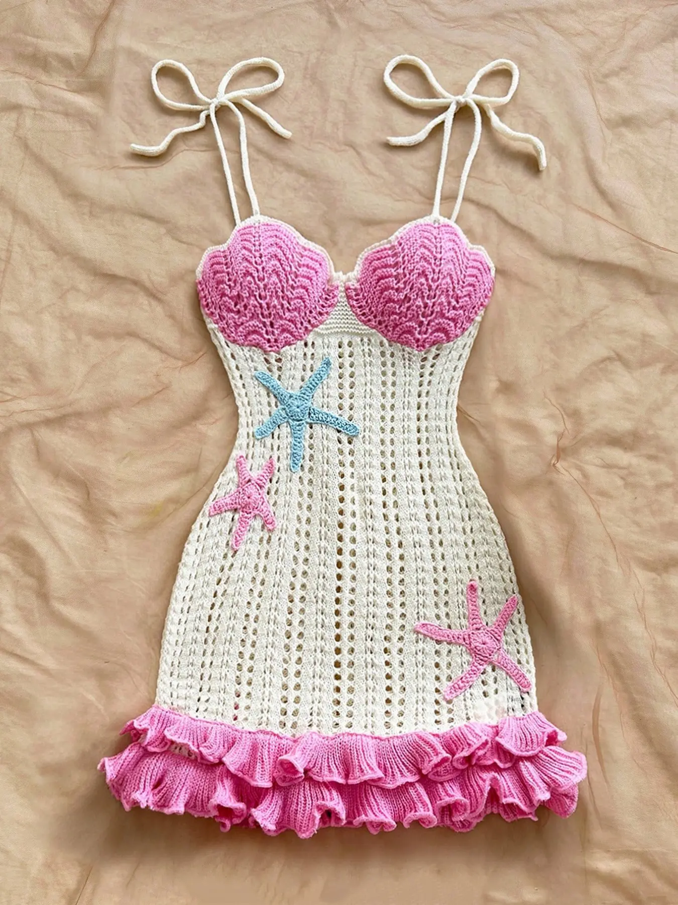 Women's Summer Beach Crochet Dress, Hollow-Knit Mini Dress with Starfish Embroidery, Pink Ruffle-Hem Spaghetti-Strap Tie-Back Swimsuit Cover-Up, Y2K Outfit for Vacation, Pool Party and Holiday Beachwear