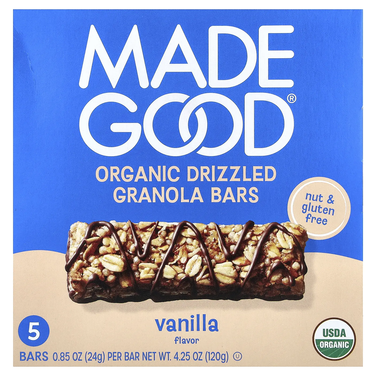 MadeGood Organic Drizzled Granola Bars, Vanilla, 5 Bars, 0.85 oz (24 g) Each