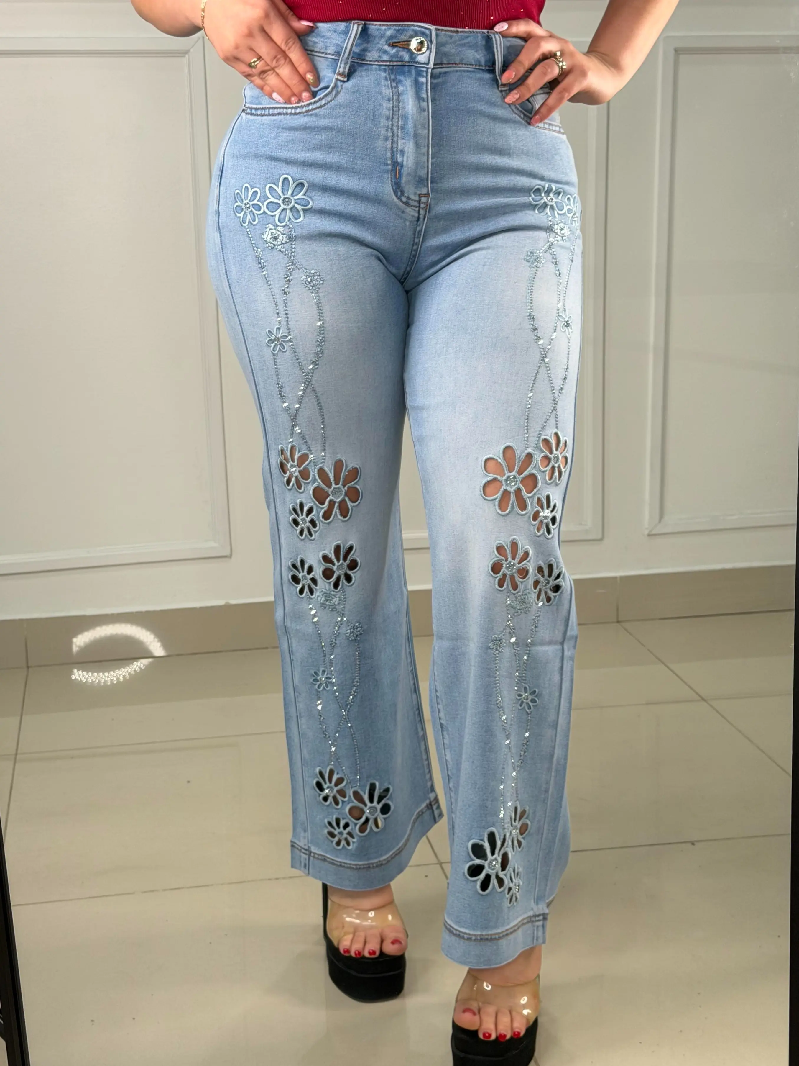 Petal Rhinestone Floral Jeans - Straight Fit
