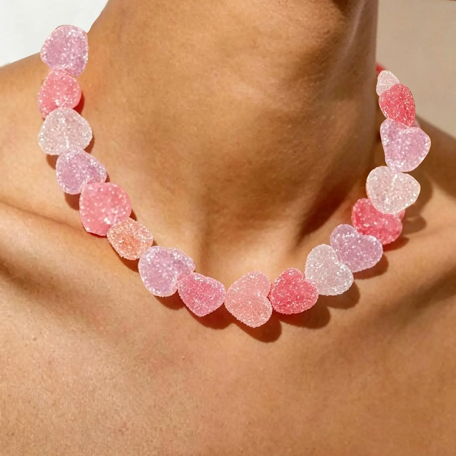Sugar Texture Heart Beaded Choker, Colorful Pastel Candy Necklace, Dainty Kawaii Aesthetic Jewelry, Summer Vacation Accessory, Cute Gift for Women & Teens