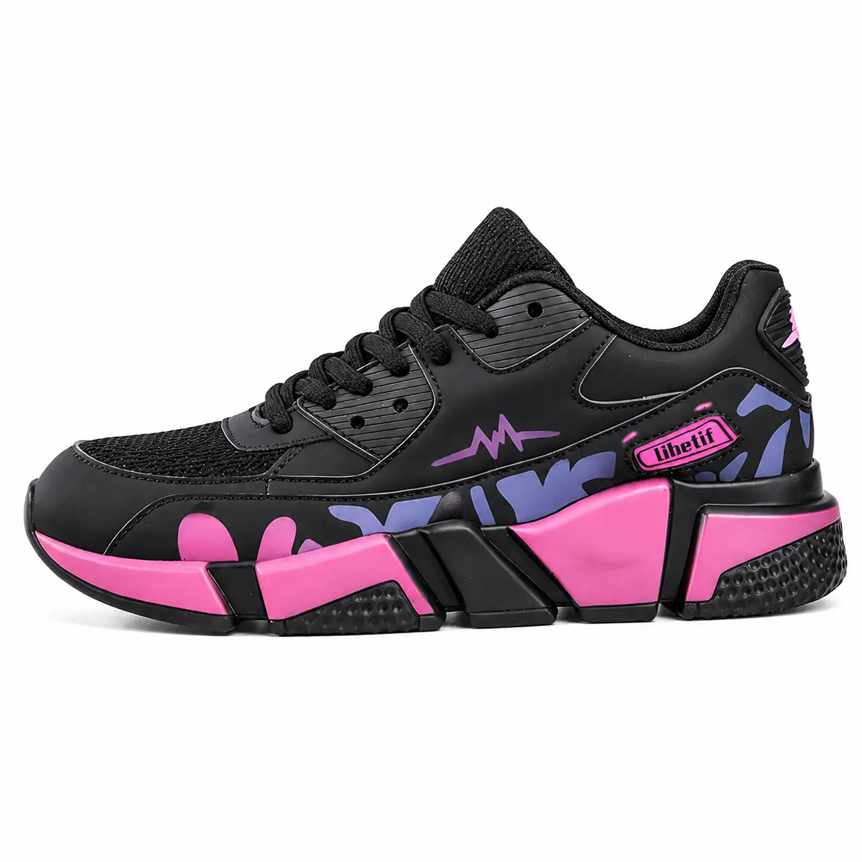 Breathable mesh upper with thick cushioning for a relaxed fit. Stylish neon platform women's shoes in network punk pink and purple with thick soles - trendy electronic girl streetwear sports shoes with a technological edge