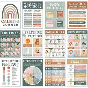 12 count Modern Boho Calming Corner Classroom Posters Calm Down Corner Feelings Chart Mental  Educational Posters Emotions Coping Skills Chart for  School Psychology Education