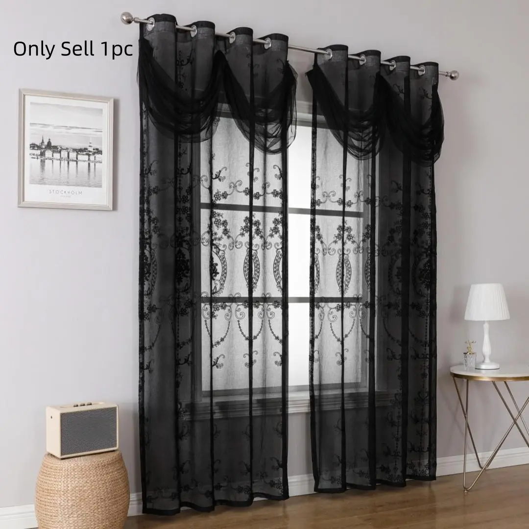 1pc black lace embroidery, sheer and valance integrated curtains, Home Decorative Curtain, home decoration, perfect for living rooms and bedrooms, adding touch to windows, Window Hanging, Easy Install Curtain