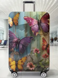 Butterfly Floral Print Elastic Luggage Cover, Casual Style Dustproof Travel Accessory, Polyester Material, All Seasons Protection