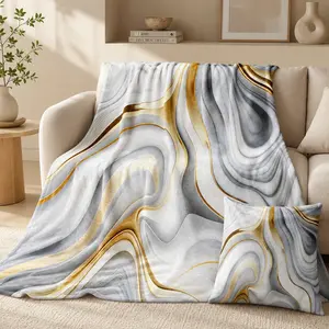 Luxury marble-pattern flannel blanket, soft white-gray plush throw blanket with gold line abstract art print, cozy modern blanket for sofa, bed, naps, travel, gift