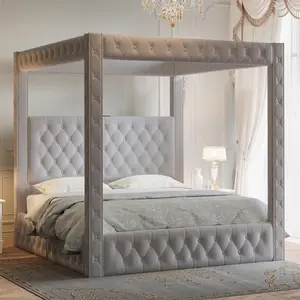 [SummerVibes]AMERLIFE Canopy Bed Frame with 74.8" Tall Four-Post Design and 51.2" Deep-Tufted Velvet Upholstered Headboard with Charging Station/Modern Light-Luxury Style/No Box Spring Needed
