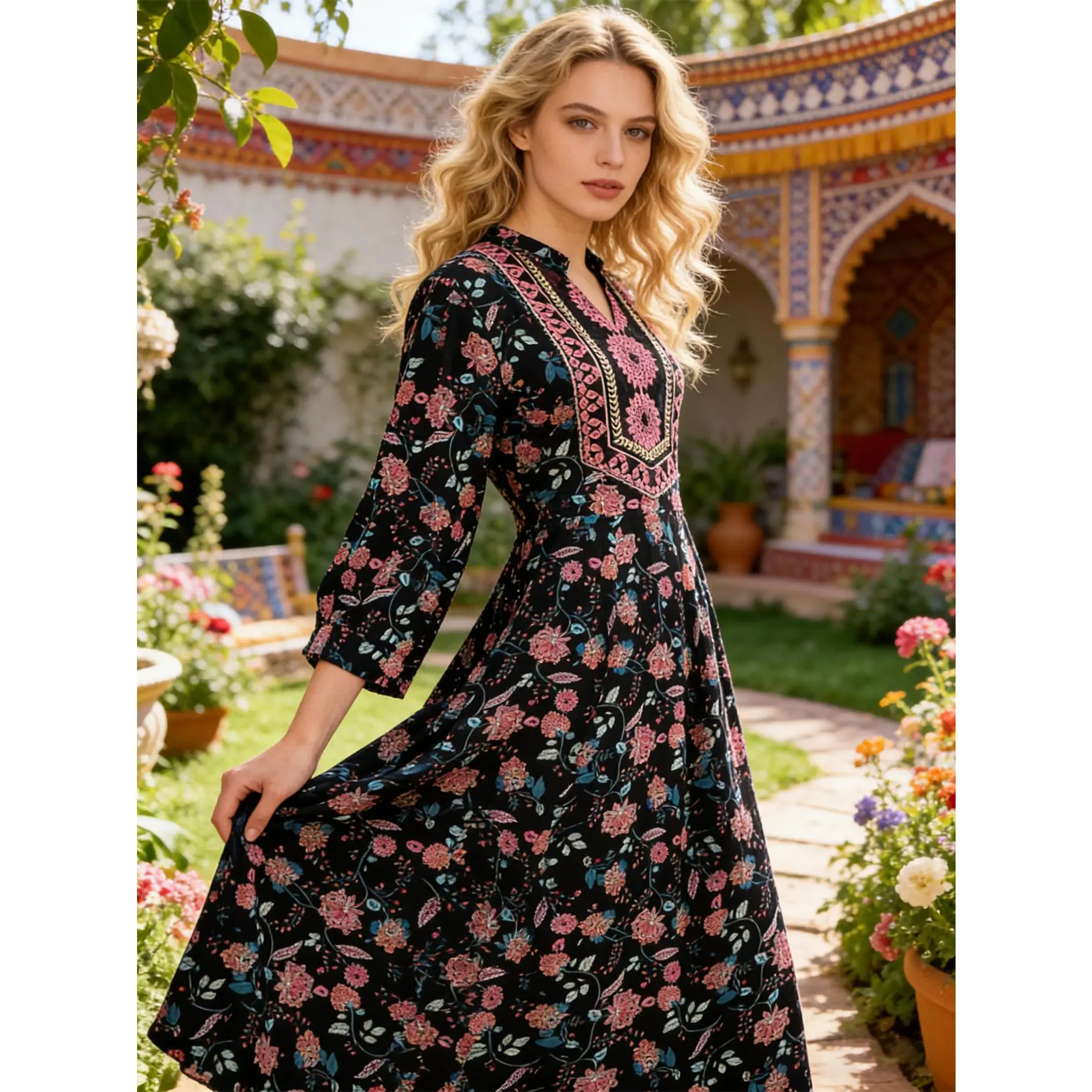 Women's Boho Floral Embroidered V-Neck Long Sleeve Drape Maxi Dress - Lightweight Silky Flowy Piece, Tropical Vacation & Casual Outdoor Gown, Sizes S-4XL, Fabric