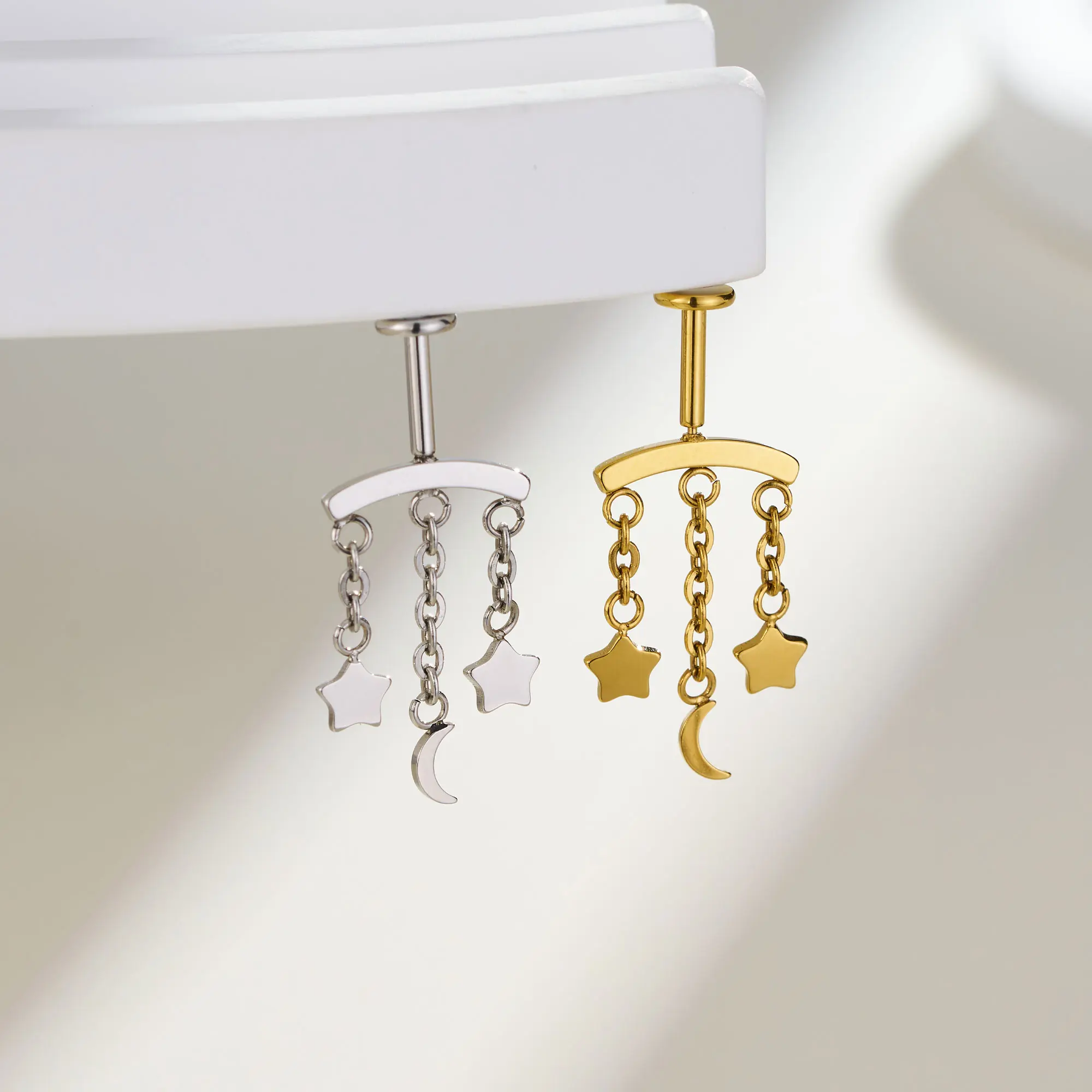 Oufer Vertical Helix Piercing Jewelry Dangle Chain Star and Moon-Push Pin Flat Back 316L Stainless Steel