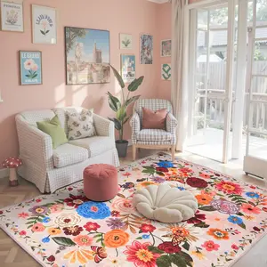 Pink Area Rug 4x6 Rug Washable Boho Rugs Non Slip Low Pile Floral Small Carpet for Bedroom, Bedside, Kids Room, Office, Dining Room(Light Pink, 4 x 6)