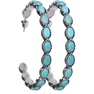 Western Earrings Boho Turquoise Oval Drop Dangle Earrings for Women Beaded Western Flower Teardrop Earrings Vintage Ethnic Alloy Pendant Jewelry Gift