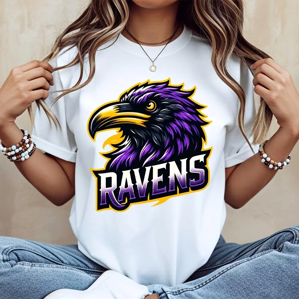 Purple Raven Head Graphic And Ravens Text, T-Shirt, Sports Team Mascot Design, Casual Daily Wear And Game Day Outfit