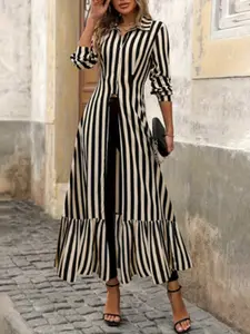 Women's Casual Elegant Striped Print Loose Long Sleeve Shirt, Asymmetrical Hem, Split Design, Leaf Trim, Fashionable Blouse