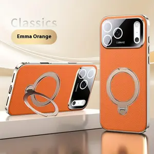 For IPhone 17/17 Air/17 Pro/17 Pro Max/16/15/14/13 Pro/Pro Max Case, 360 °   Rotating Magnetic Ring Compatible With MagSafe, PU Leather Back, Camera Lens Protection, Shockproof Slim Protective Phone Cover - Orange, Gray, Black, Red