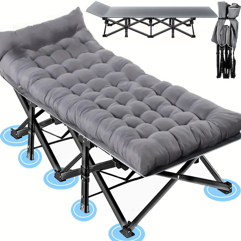 Double Camping Cot Bed - Foldable Bed, Heavy-Duty Steel Frame Extra-Large Double Lounge, Collapsible Portable Lounger with Thick High-Density Foam Cushion & Pillow, Woven Breathable Texture, 1-Min Setup Camping Gear for Backyard Use