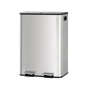 2x8 Gal / 2x10.6 Gal Dual Compartment Trash Can, Stainless Steel Step-on Recycling Bin, with Soft-Close Lids & Removable Plastic Inner Buckets for Kitchen, Home, Office