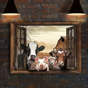 1 Piece Rustic Whimsical Cow Canvas Wall Art - Wooden Frame Animal Print with Vibrant Scenery, Ready to Hang - Perfect for Living Room, Office or Bathroom Decor - Unique Gift for Her or Him, Cow Decoration
