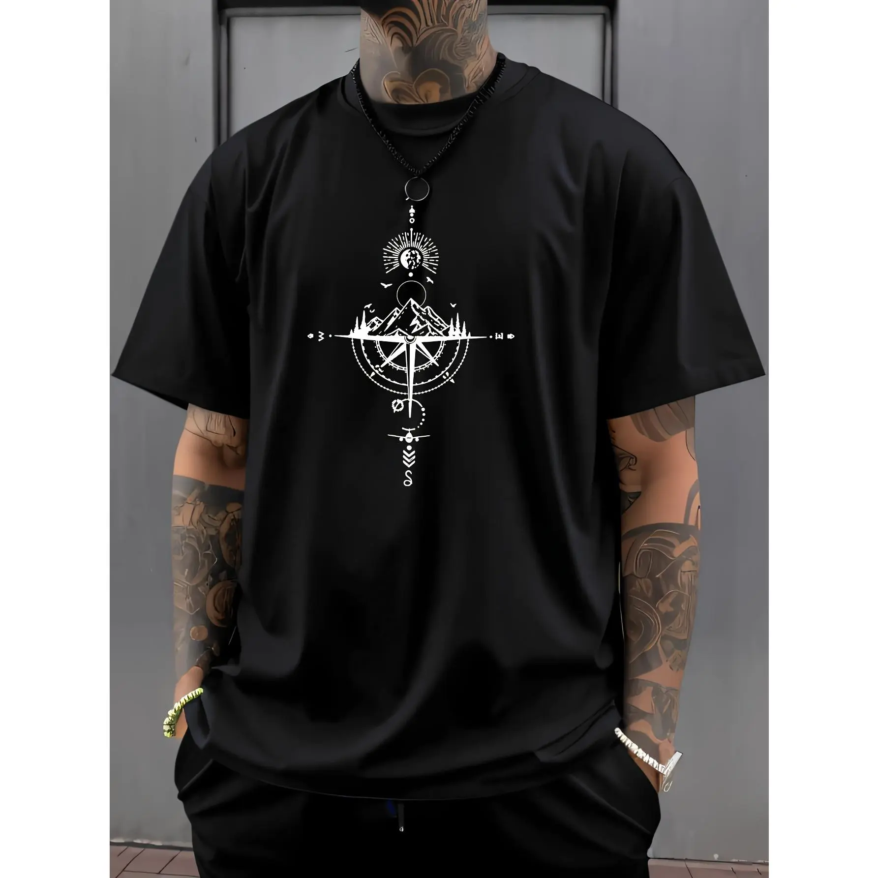 Men's Compass Graphic T-Shirt - Round Neck Casual Fit Activewear Tee, 95% Poly + 5% Spandex (Elastane) Fabric, Machine Washable Menswear Summer Top, Shortsleeve, Regular Fit, Tshirt, Basic, Knit, Plain Polyester Streetwear