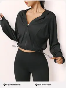 Women's Trendy Zipper Hooded Short Jacket, Sport Outerwear, Adjustable Drawstring Hem Sportswear, Casual Fitted Plain Top for Outdoor Fitness