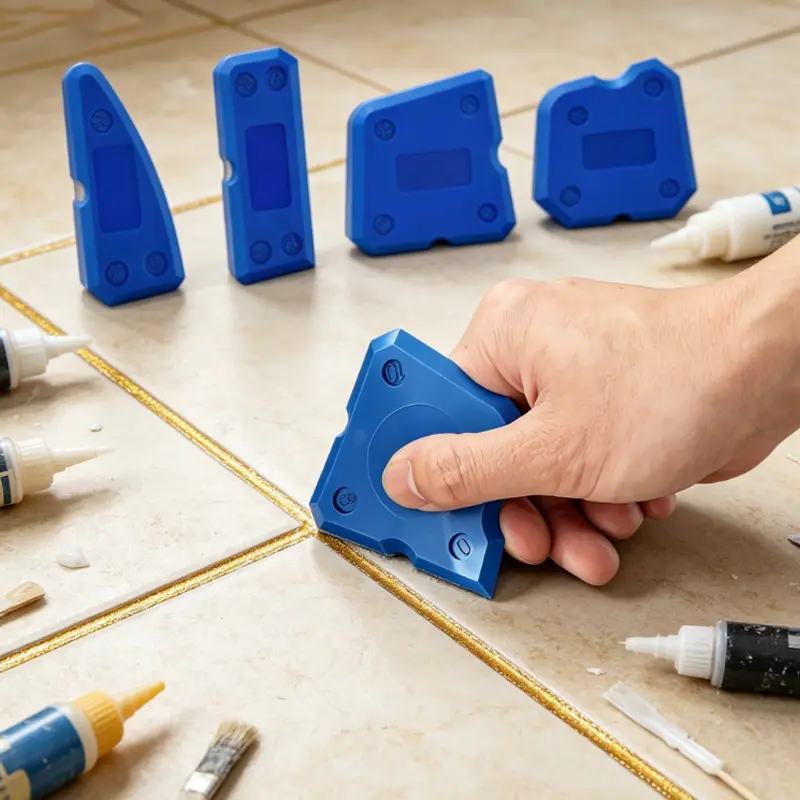 4Pcs Blue Caulking Tools Set - Sealing Agent Finisher, Glass Adhesive Angle Scraper with Ergonomic Durable Plastic Handle, Suitable for Kitchen & Bathroom Floor Sealant Sealing, Cleaning, Scraping