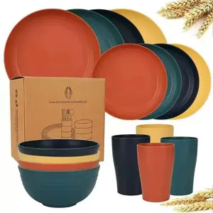 16-Piece Wheat Straw Dinnerware Set for 4 – Plates, Bowls, Cups & Dessert Parfait Cups, Reusable & Unbreakable Tableware, Dishwasher Safe, Colorful Party & Everyday Use