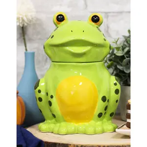 Ebros Whimsical Smiling Green Spotted Frog Ceramic Cookie Jar Container Figurine 8"H