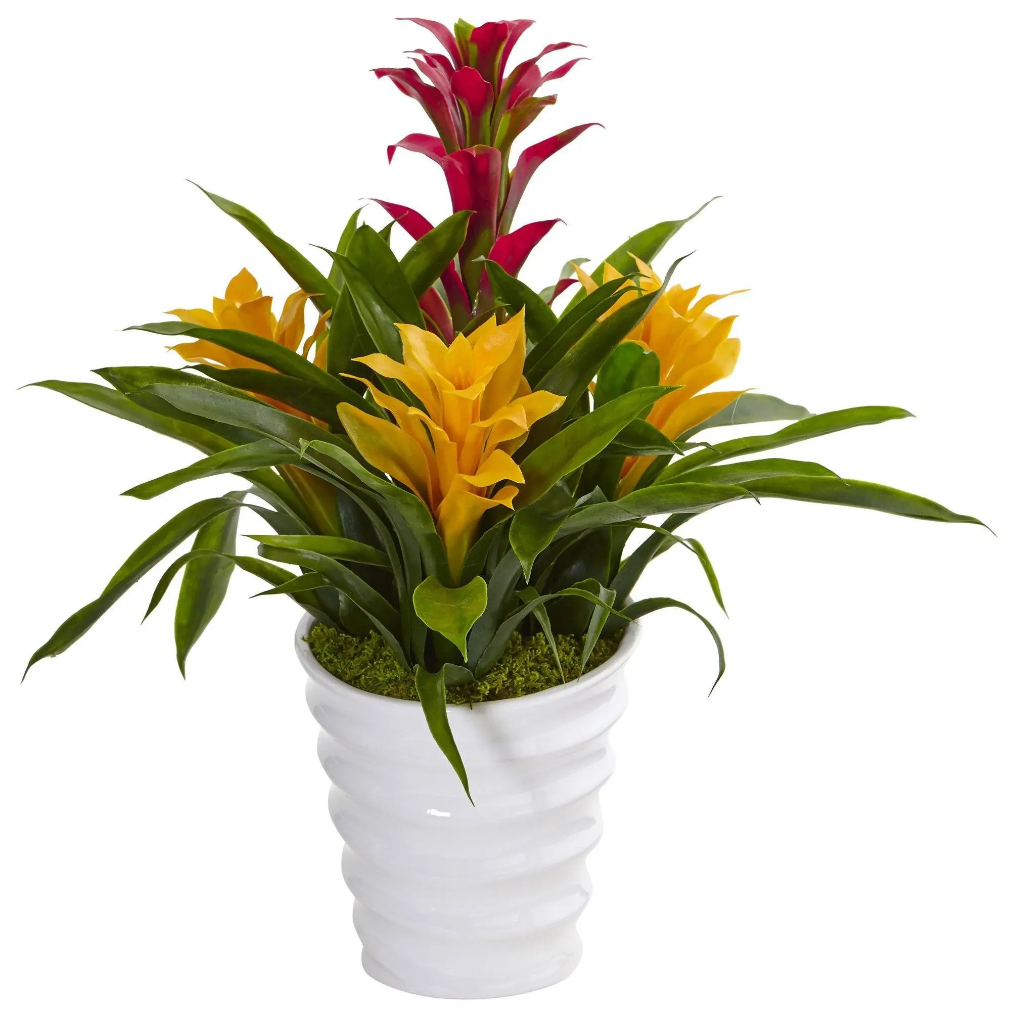 Bromeliad Indoor Faux Plant in Glossy White Swirl Vase - Home Decor Centerpiece for Table, Room, Office Use, Indoor Plant
