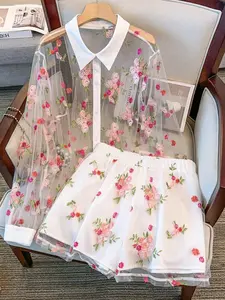 Elegant Women's Stand Collar Cardigan Set, Embroidered Open Front Sweater, Transparent Design, Casual Home Wear, Two-Piece