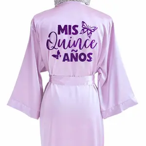 Quinceañera Robe Glitter Text & Butterfly Symbol Bata Para 15 Años Personalized Mis Quince Satin Robe for Quinceañera Getting Ready