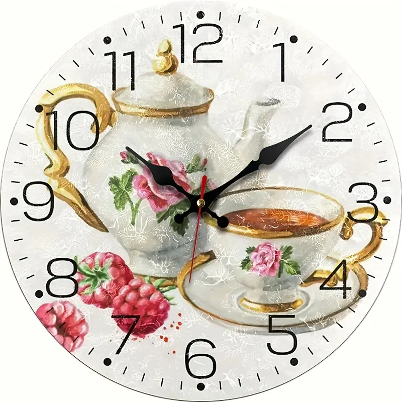 1 Round 10 Inch Clock, Easy Creative Fashion Wall Clock, Retro Teacup Creative Clock, Silent Quartz Round Wooden Clock, Suitable for Bedroom Living Room Office Kitchen Bathroom Decoration, Battery Powered (Battery Not Included)