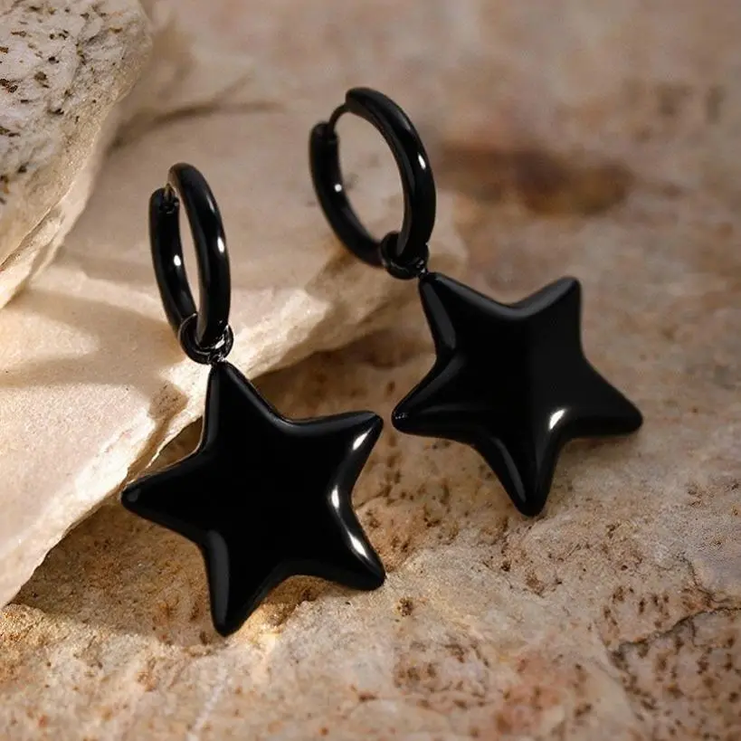 OUFER BODY JEWELRY Star Shape Statement Fashion Earrings - 2-Pack Gold-Plated Black Stainless Steel, Water-Safe, Hand-Polished Empty Drop Hoop Earrings for Casual Daily Wear, Statement Earrings