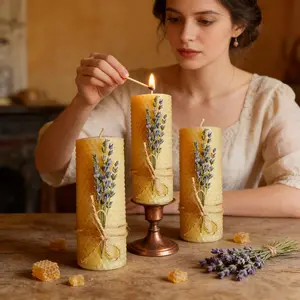 3-Pack Lavender Scented Beeswax Candles (10x5cm) – Pillar Candles for Home Decor, Weddings, Parties – Gift Set, Ceremonial Candles
