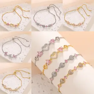Sparkling Zirconia Adjustable Bracelet Gold Plated Slide Knot Chain Dainty Stackable Jewelry for Women