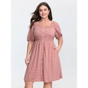 BLOOMCHIC Women's Plus-Size Blush Pink Ditsy Floral Print Mini Dress - Short Sleeve, Casual, Spandex Fabric, Button Detail, Turn-Up Hem, Pocket, 2026 Mother's Day Pick (1X-6X),summerwins,Spotlight,Summer wins,Deals for you days
