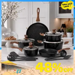 [Summer Vibes] Kitchen Academy Premium Cookware Sets - 15 Pieces Triple Coated Nonstick Aluminum Composition for Oven, Stovetop, Hammered Design